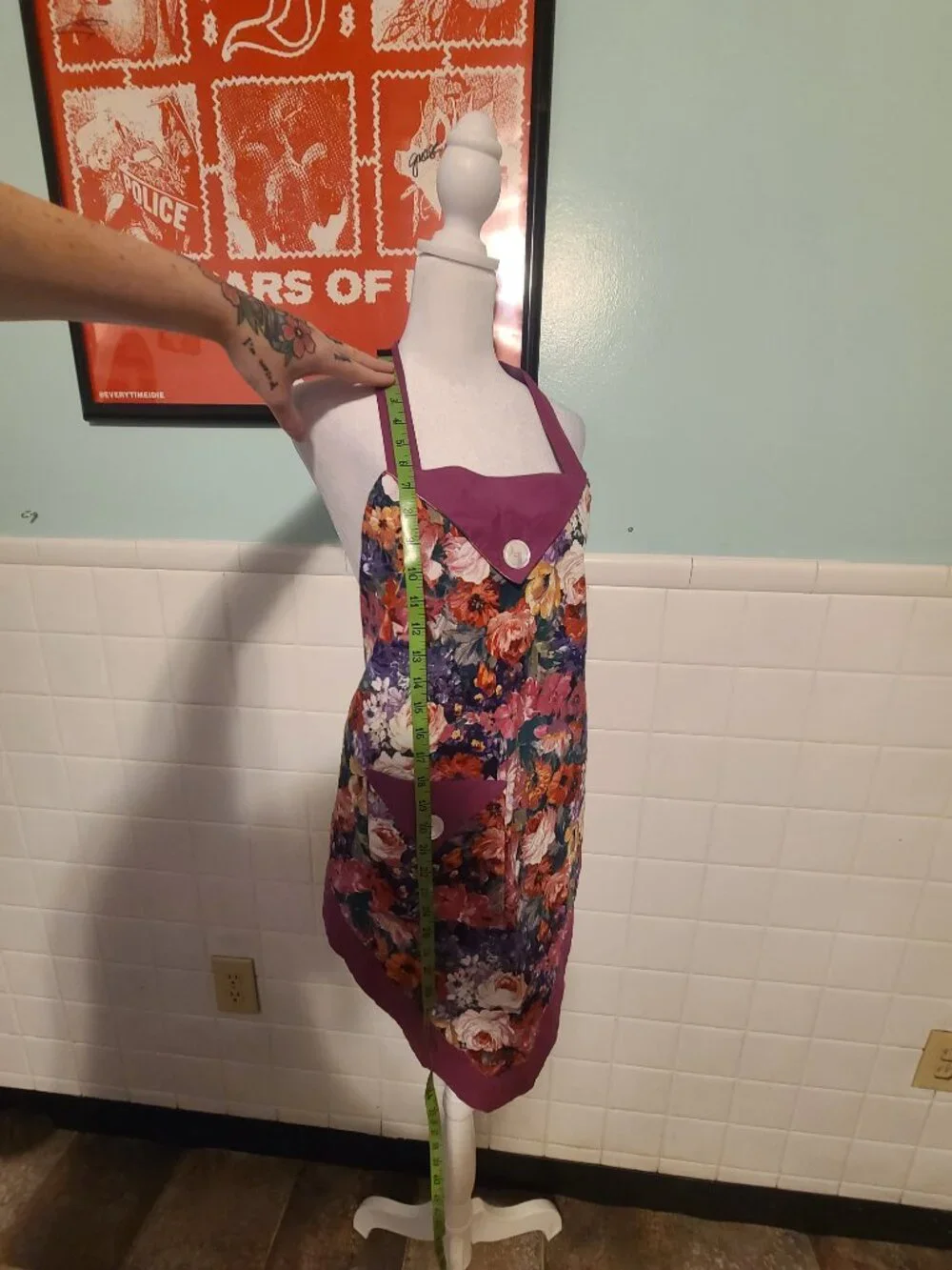 Vintage Handmade Colorful Purple Button Floral Apron Artist Baking Cottagecore